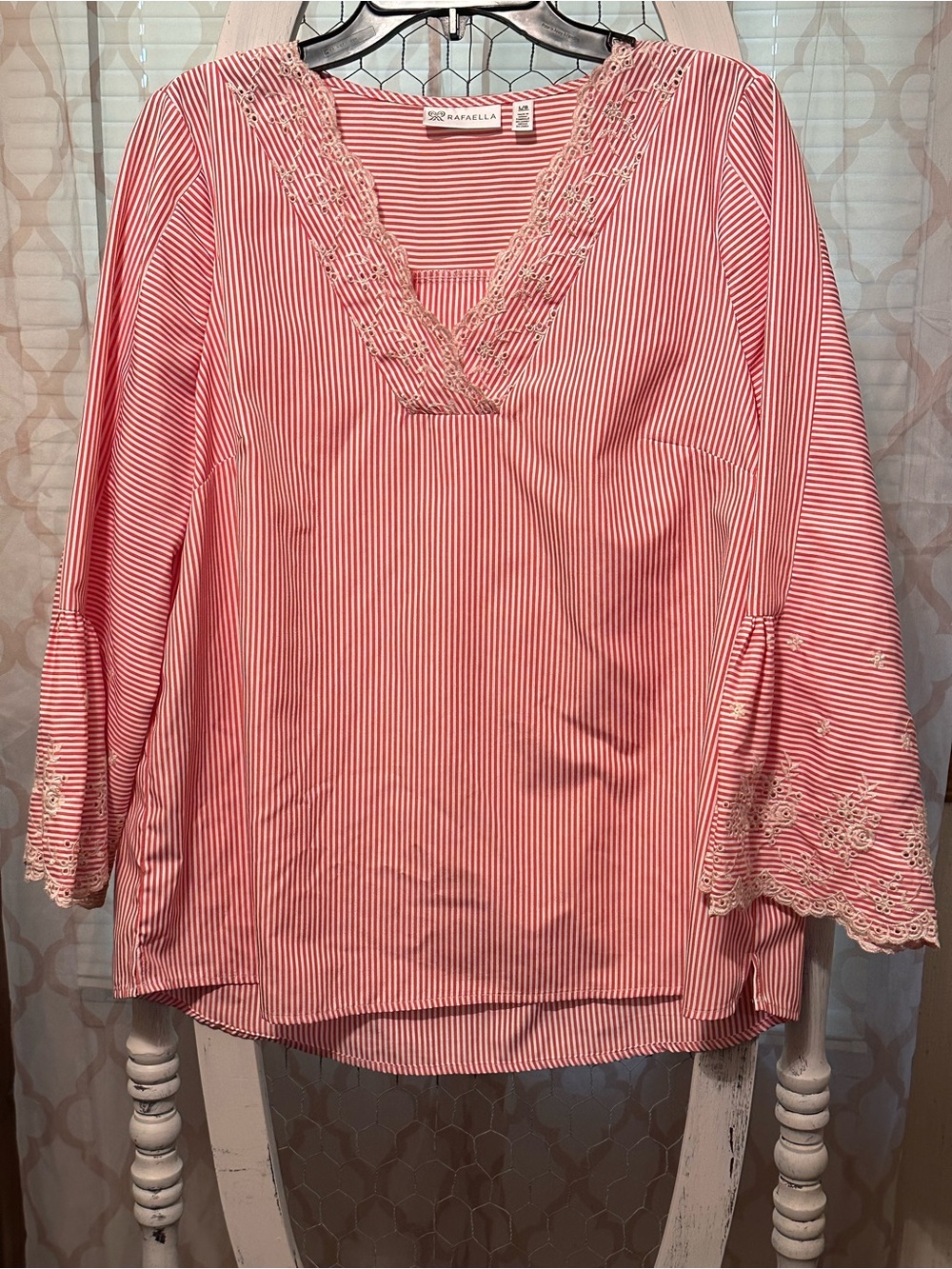 Rafaella Pink and White Striped V-Neck Tunic with Lace Trim